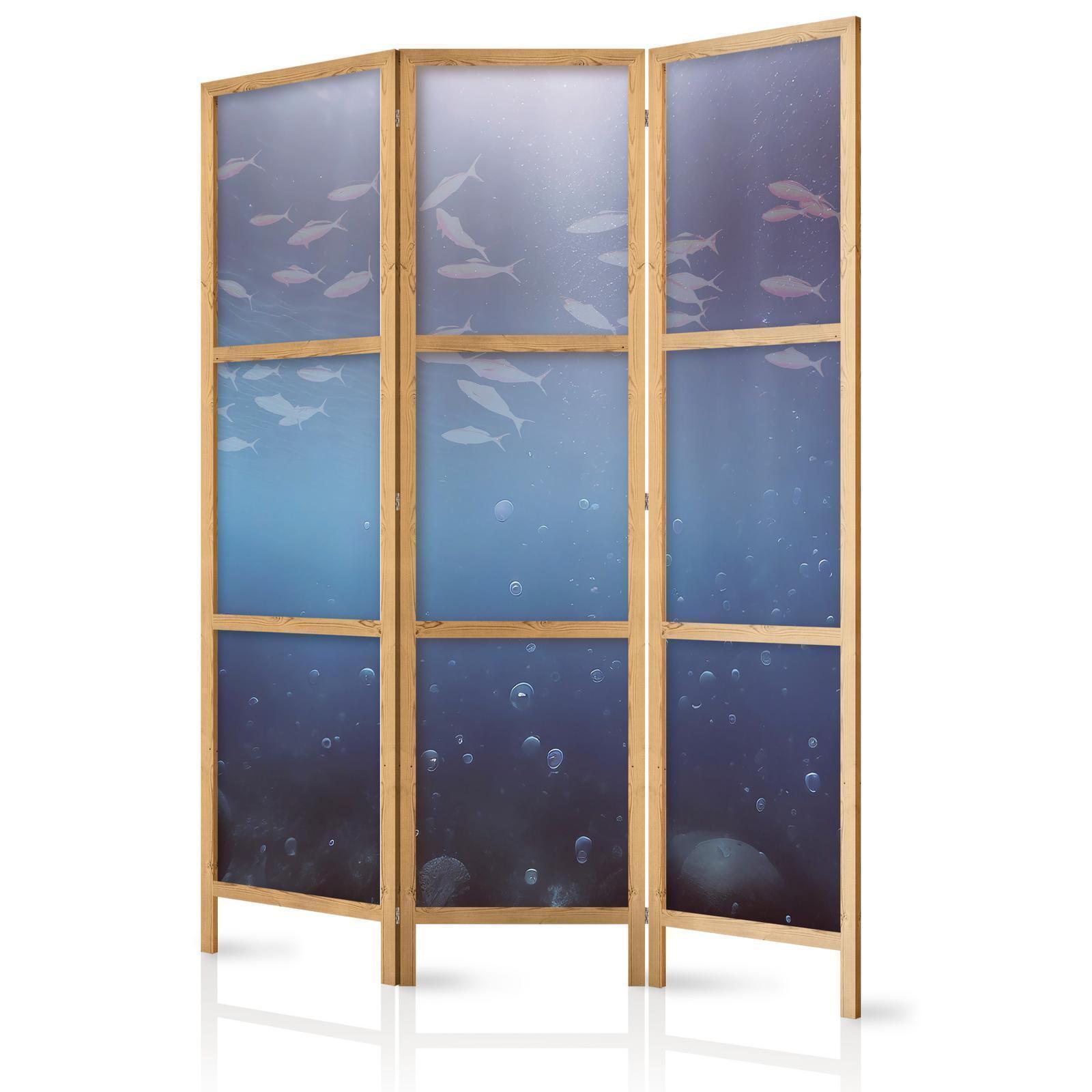 Japanischer Paravent - School of Small Fish - Illuminated Oceanic Depth in Shades of Navy Purple and Gray with a School of Tiny Fish Artgeist