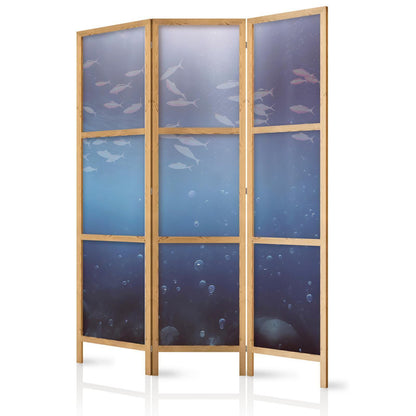 Japanischer Paravent - School of Small Fish - Illuminated Oceanic Depth in Shades of Navy Purple and Gray with a School of Tiny Fish Artgeist