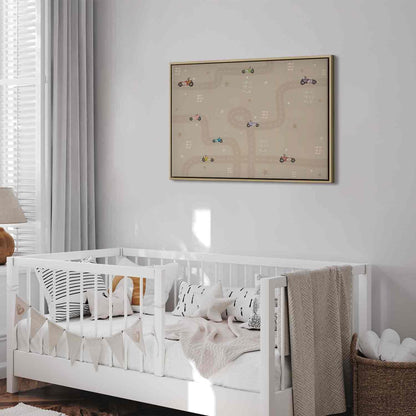 Leinwandbild - Race - Colorful Cars on a Road on a Beige Background with Inscriptions