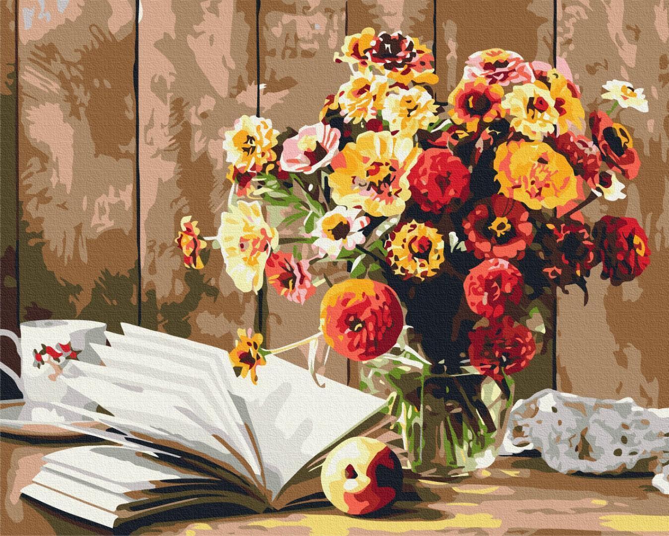 Malen nach Zahlen - Still life with a book and flowers
