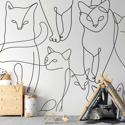 Fototapete - Cat lineart - minimalist sketches of black cats on white background