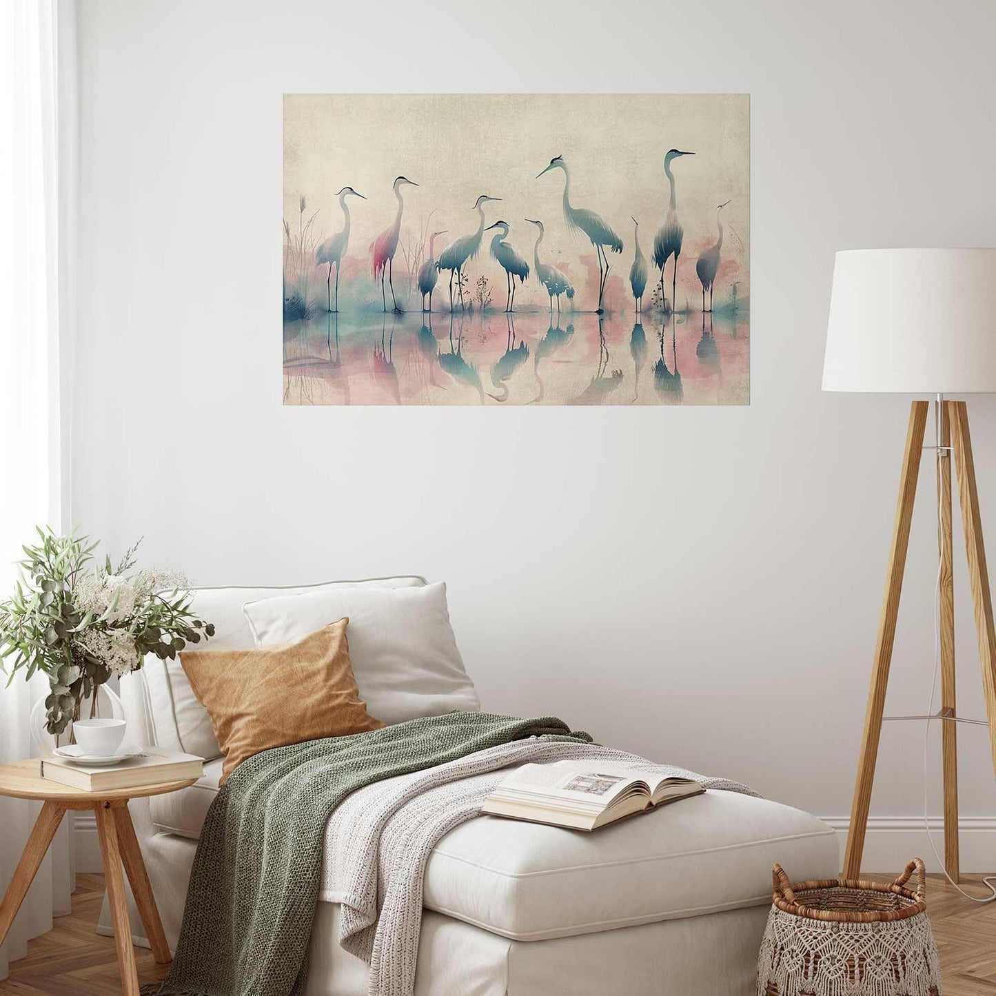 Poster - Birds by the Lake - herons painted in watercolor in a delicate, gray-pink palette
