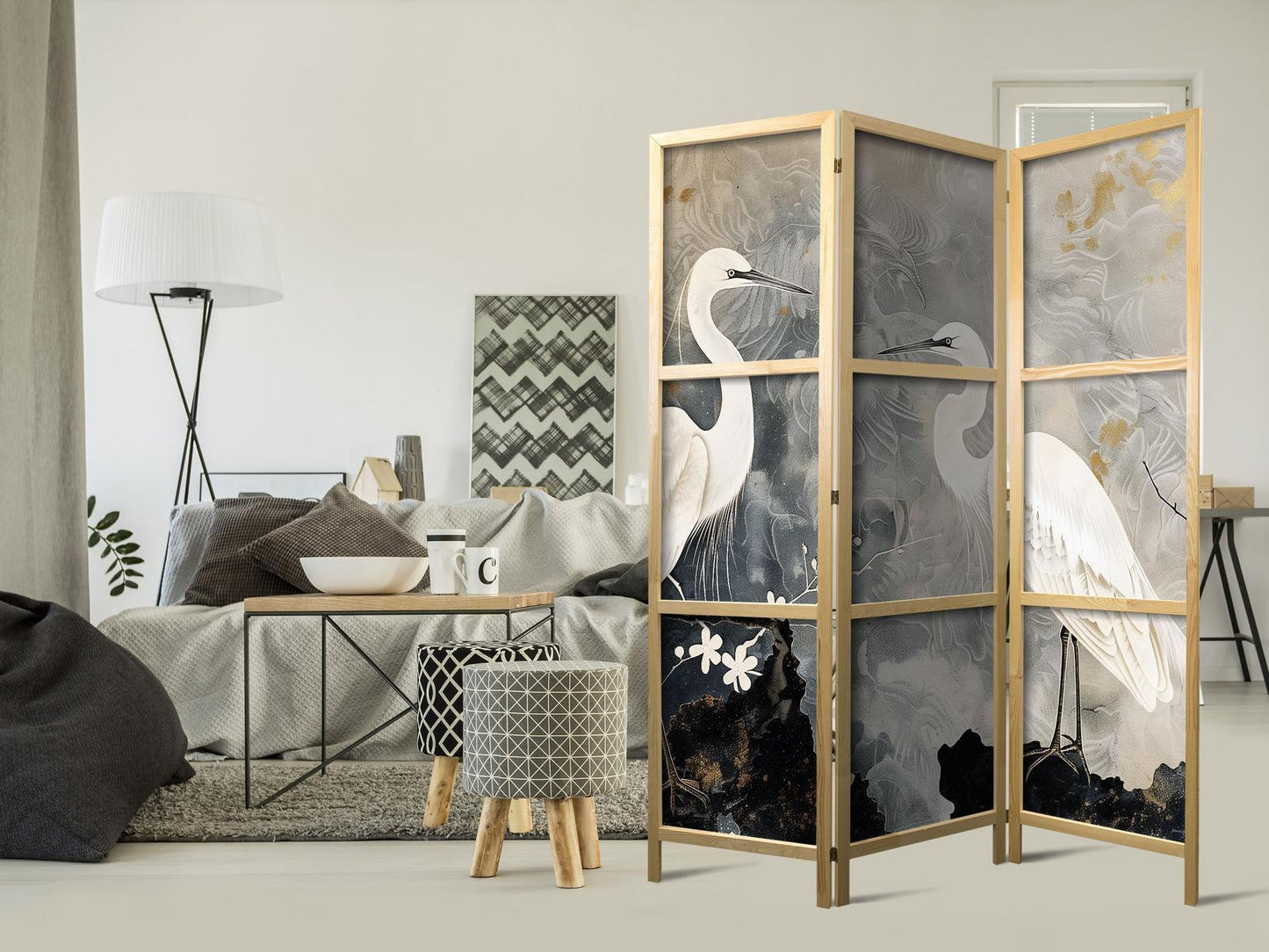 Japanischer Paravent - Herons and cherry blossoms - oriental-style illustration depicting birds