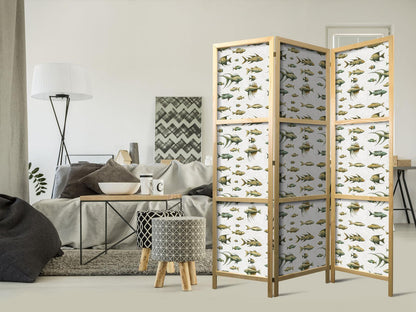 Japanischer Paravent - Unusual Species of Fish - Cluster of Fish in Muted Retro Style on a Background of Beige Lines Artgeist
