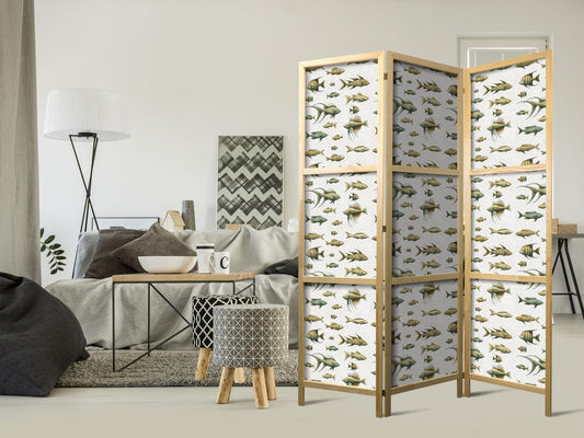 Japanischer Paravent - Unusual Species of Fish - Cluster of Fish in Muted Retro Style on a Background of Beige Lines Artgeist