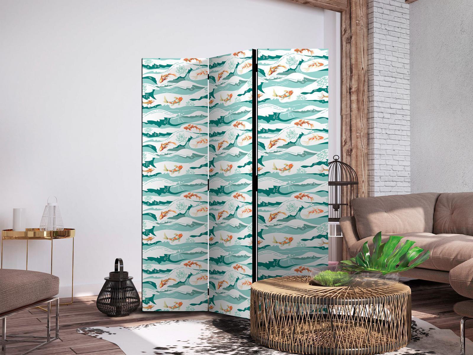 Paravent - Fish Leaping Above the Waves - Oriental Fish and Water Lilies Among High Waves in Sea Green Colors Artgeist