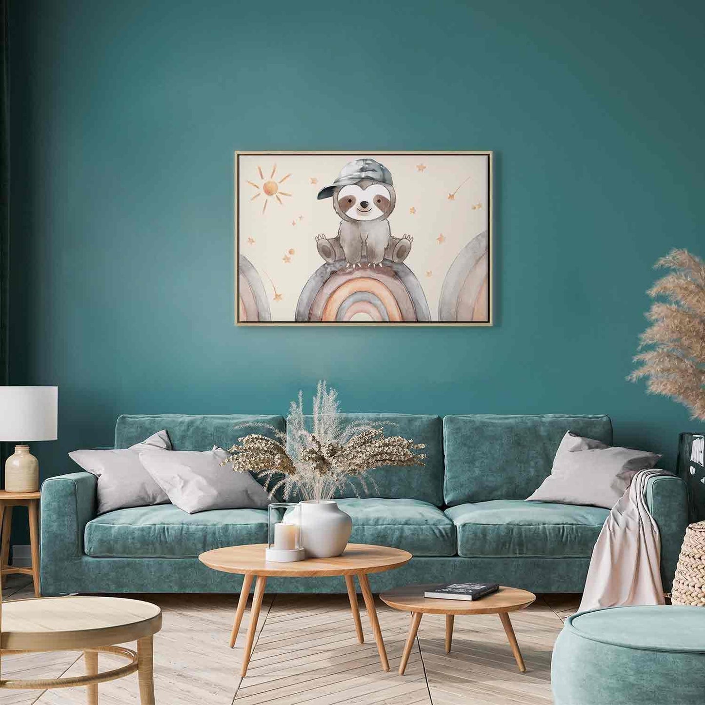 Leinwandbild - Happy Sloth - Sloth in Subdued Colors Wearing a Cap Sitting on a Rainbow Among Little Stars Artgeist