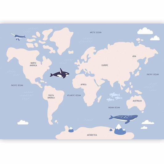 Fototapete - Pastel Planet - Animals and Underwater Plants on a Map