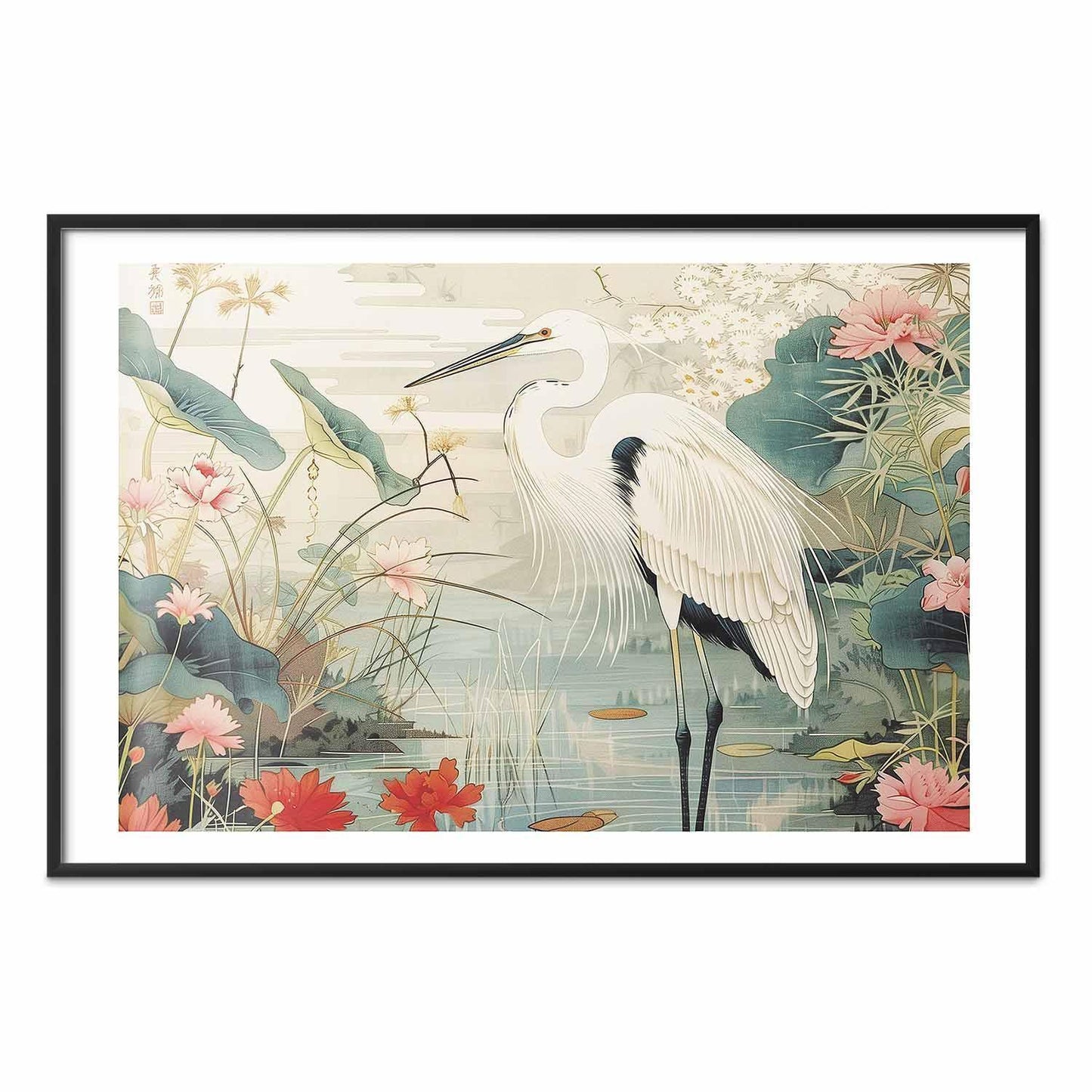 Poster - Over the Asian Pond - illustration in the Japanese print style featuring a heron