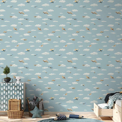 Tapete - Illustration - Yellow-blue airplanes against a blue sky