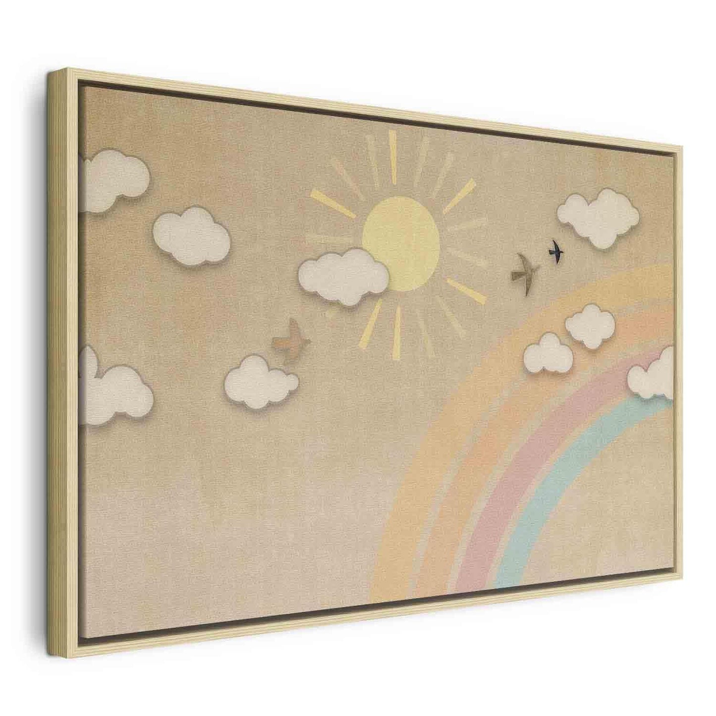 Leinwandbild - Holiday Sky - Sunny Day with a Rainbow and Flying Birds Artgeist