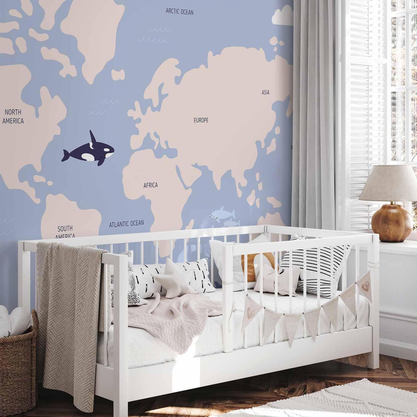 Fototapete - Pastel Planet - Animals and Underwater Plants on a Map