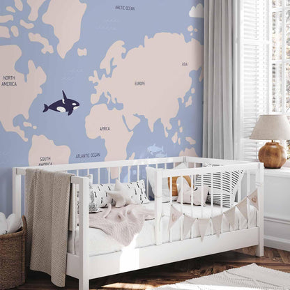 Fototapete - Pastel Planet - Animals and Underwater Plants on a Map