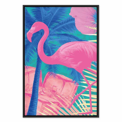 Leinwandbild - Pink Flamingo - Abstract Flamingo Against Palms and Ice Cubes