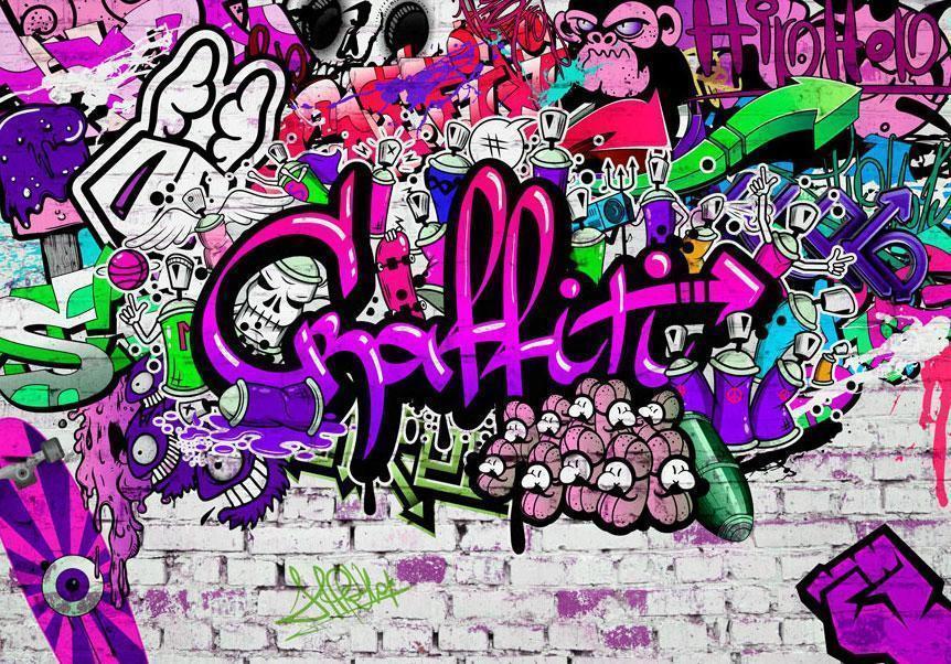 Trendige Fototapete mit Violetttönen und Graffiti-Muster

