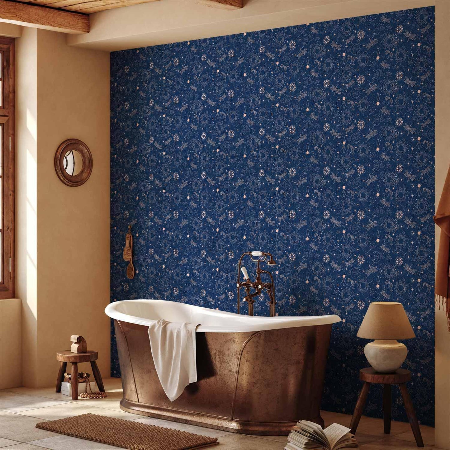 Tapete - Cosmic Fantasy - Pattern with Suns - Moons - and Dragonflies on a Dark Background