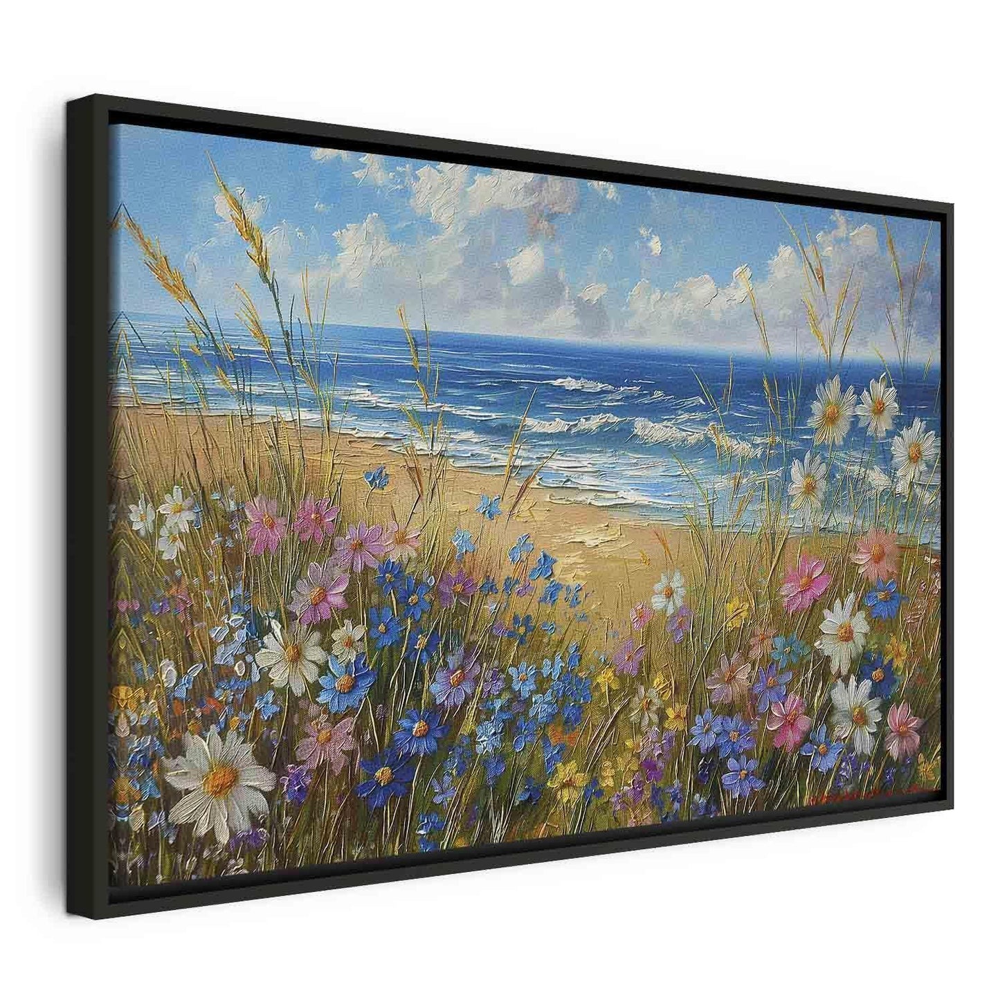 Leinwandbild - Seascape – wildflowers and a view of the rough sea
