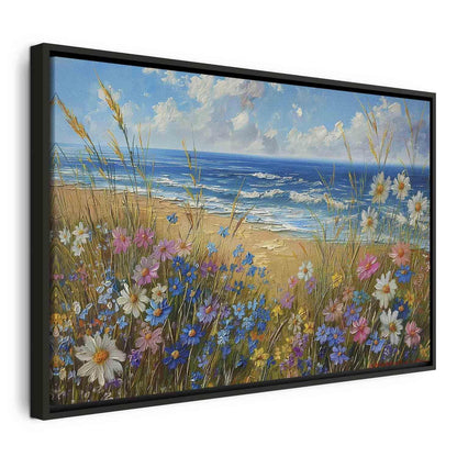 Leinwandbild - Seascape – wildflowers and a view of the rough sea