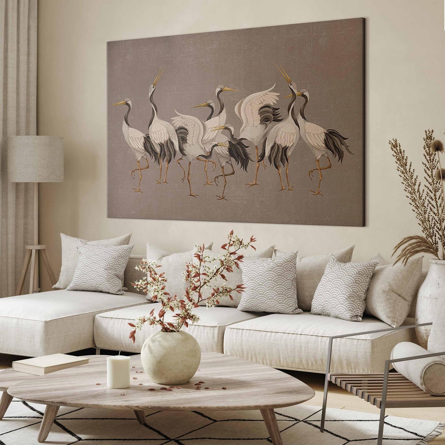 Wandbild XXL - Crane dance – bright silhouettes of birds against a warm grey background with texture