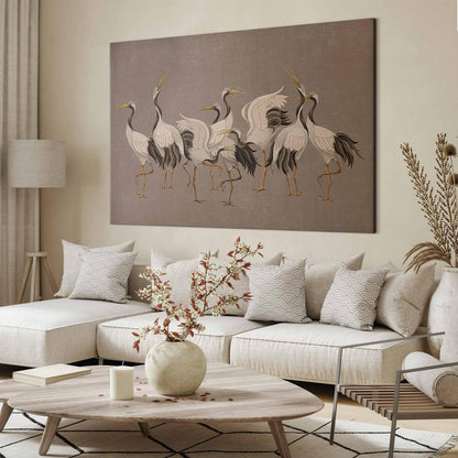 Wandbild XXL - Crane dance – bright silhouettes of birds against a warm grey background with texture
