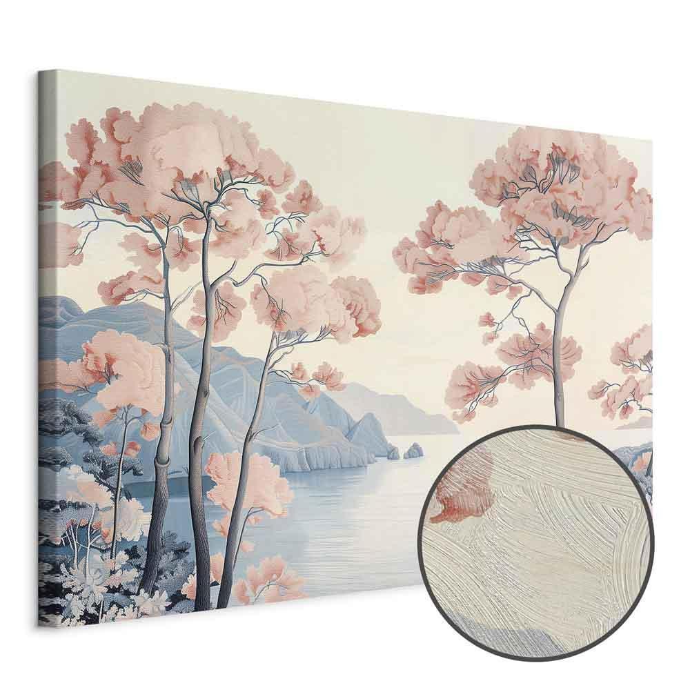 Leinwandbild - Landscape with the Ocean Cliffs and Trees in Delicate Pink Shades