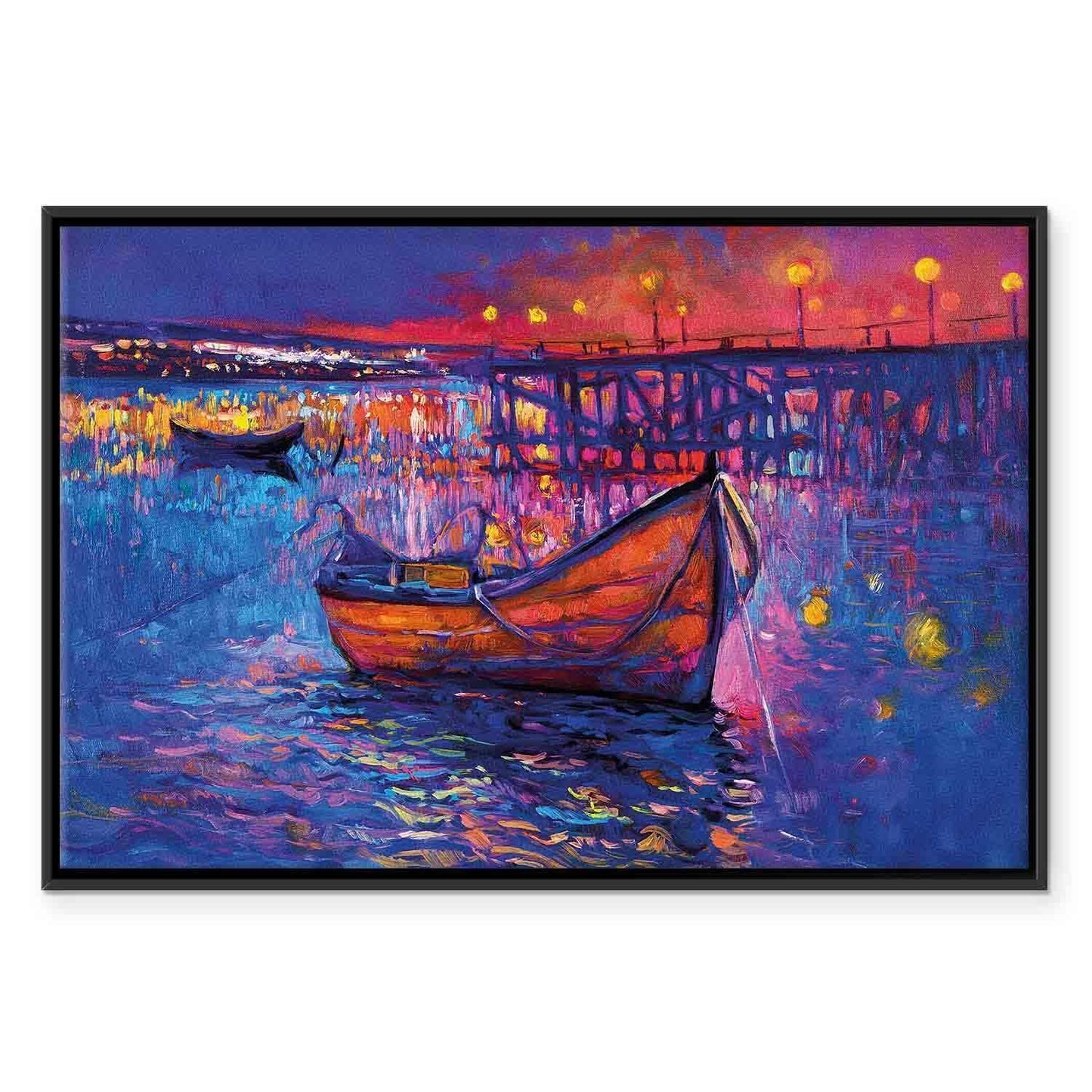 Leinwandbild - Modern impressionism - night landscape of a lake with a floating boat