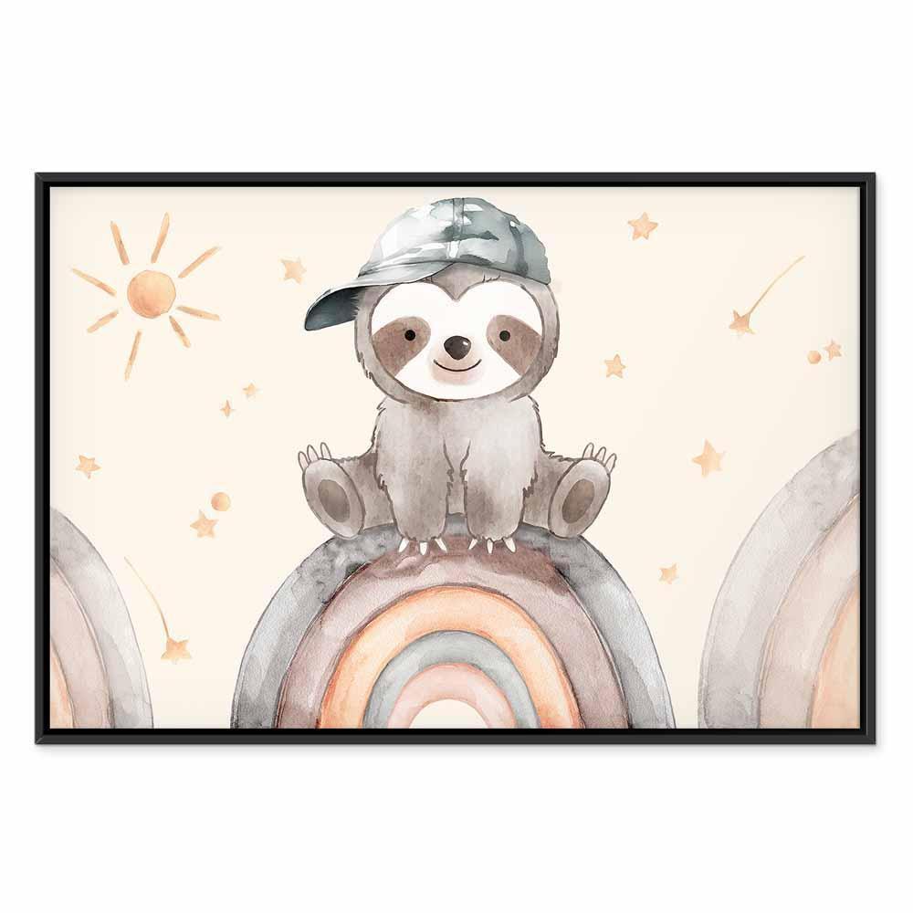 Leinwandbild - Happy Sloth - Sloth in Subdued Colors Wearing a Cap Sitting on a Rainbow Among Little Stars