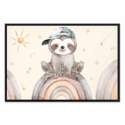 Leinwandbild - Happy Sloth - Sloth in Subdued Colors Wearing a Cap Sitting on a Rainbow Among Little Stars