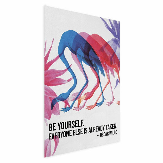 Poster - Colorful Repetition - three flamingo silhouettes with an inspiring quote Artgeist