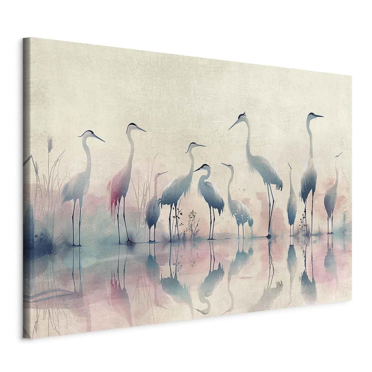 Wandbild XXL - Birds by the lake - herons painted in watercolour in delicate grey and pink colours