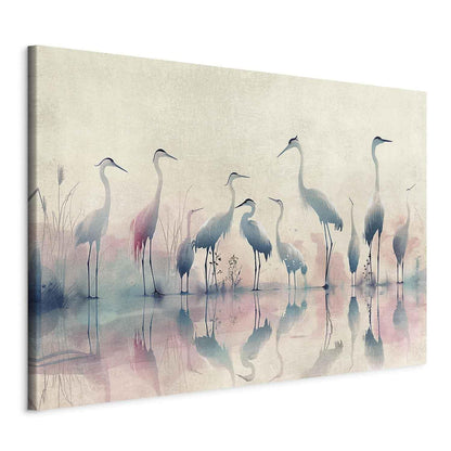Wandbild XXL - Birds by the lake - herons painted in watercolour in delicate grey and pink colours