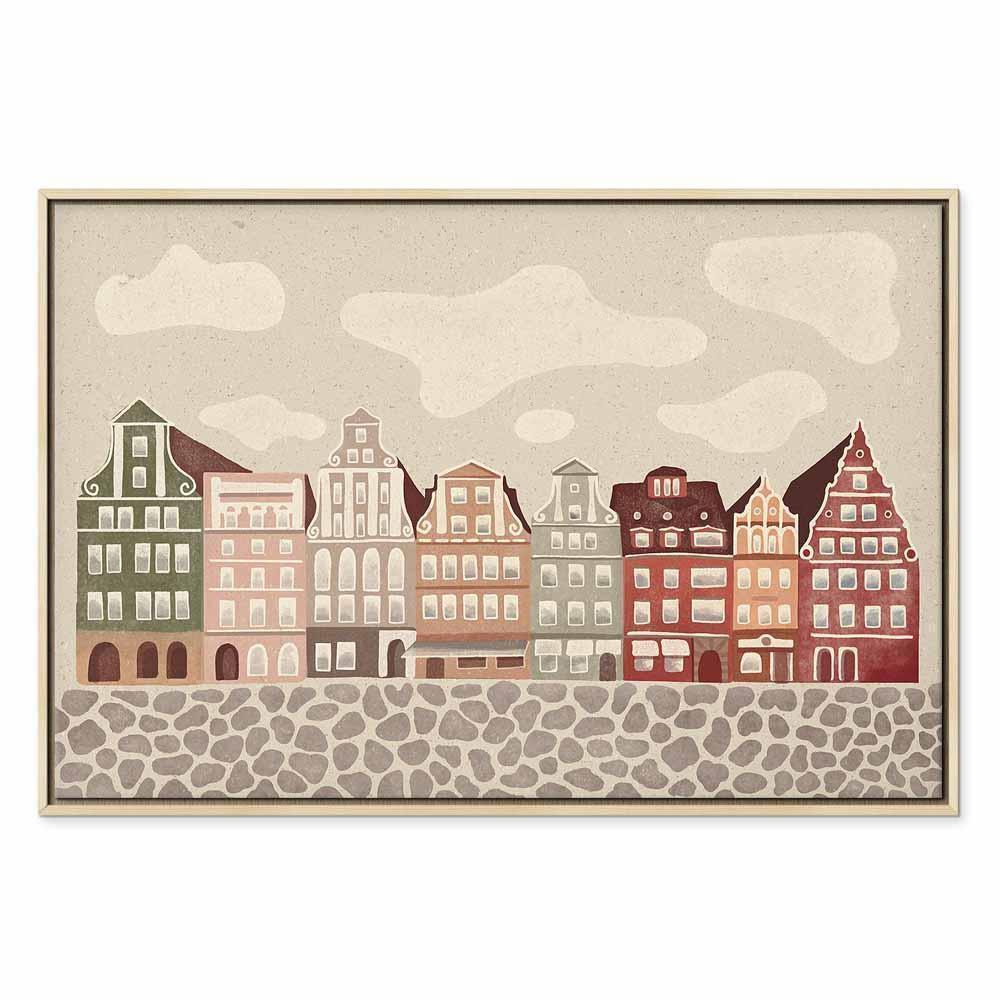 Leinwandbild - Salt Square - Colorful Illustrated Townhouses Against a Cloudy Sky Background