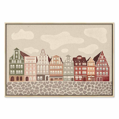 Leinwandbild - Salt Square - Colorful Illustrated Townhouses Against a Cloudy Sky Background