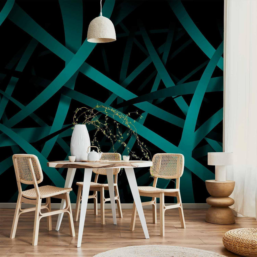 Minimalistisches Interieur mit Fototapete in dunklem Design

