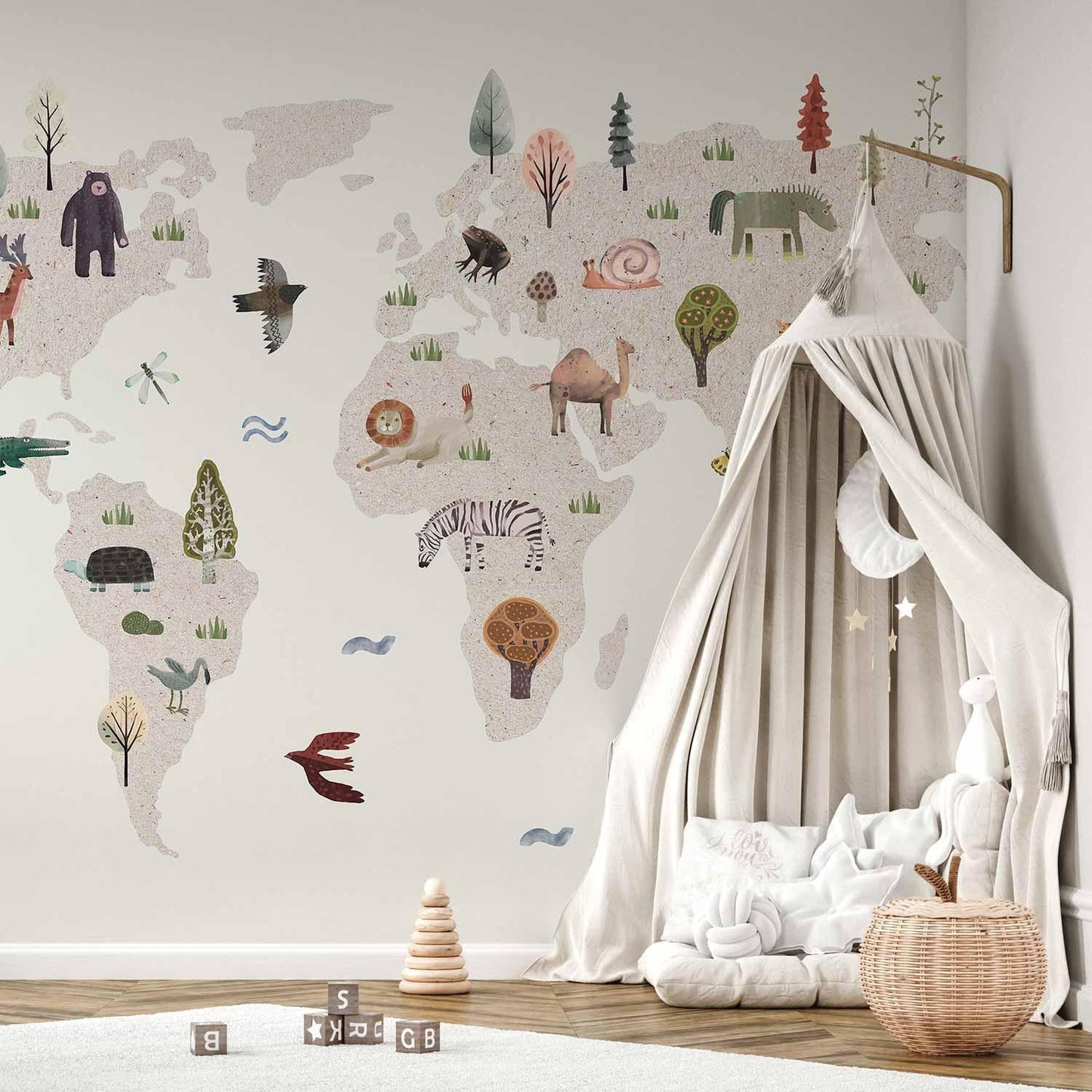 Fototapete - Beige World - Continents With Animals in Muted Colours