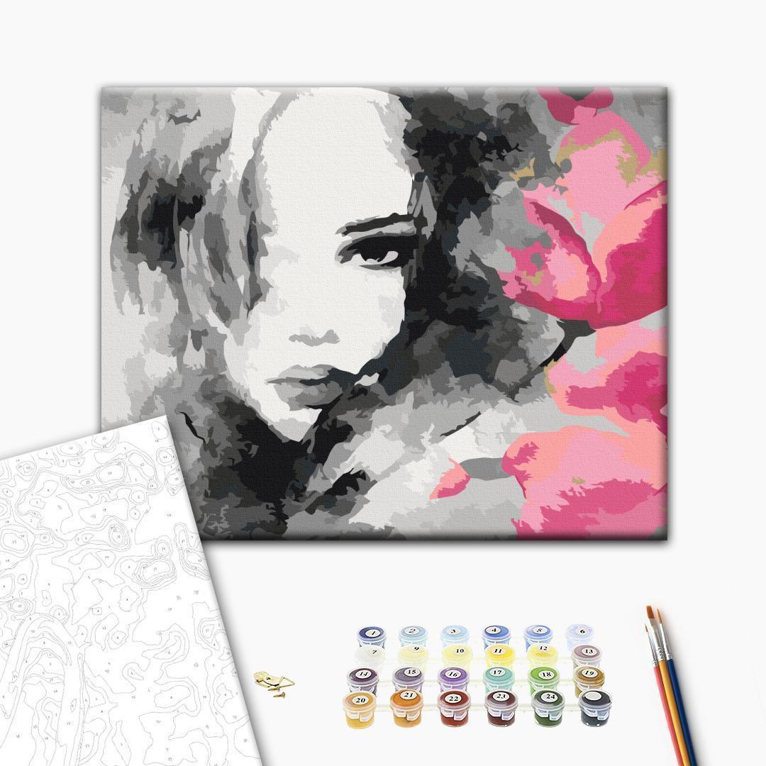 Malen nach Zahlen - Black & White Portrait With A Pink Flower