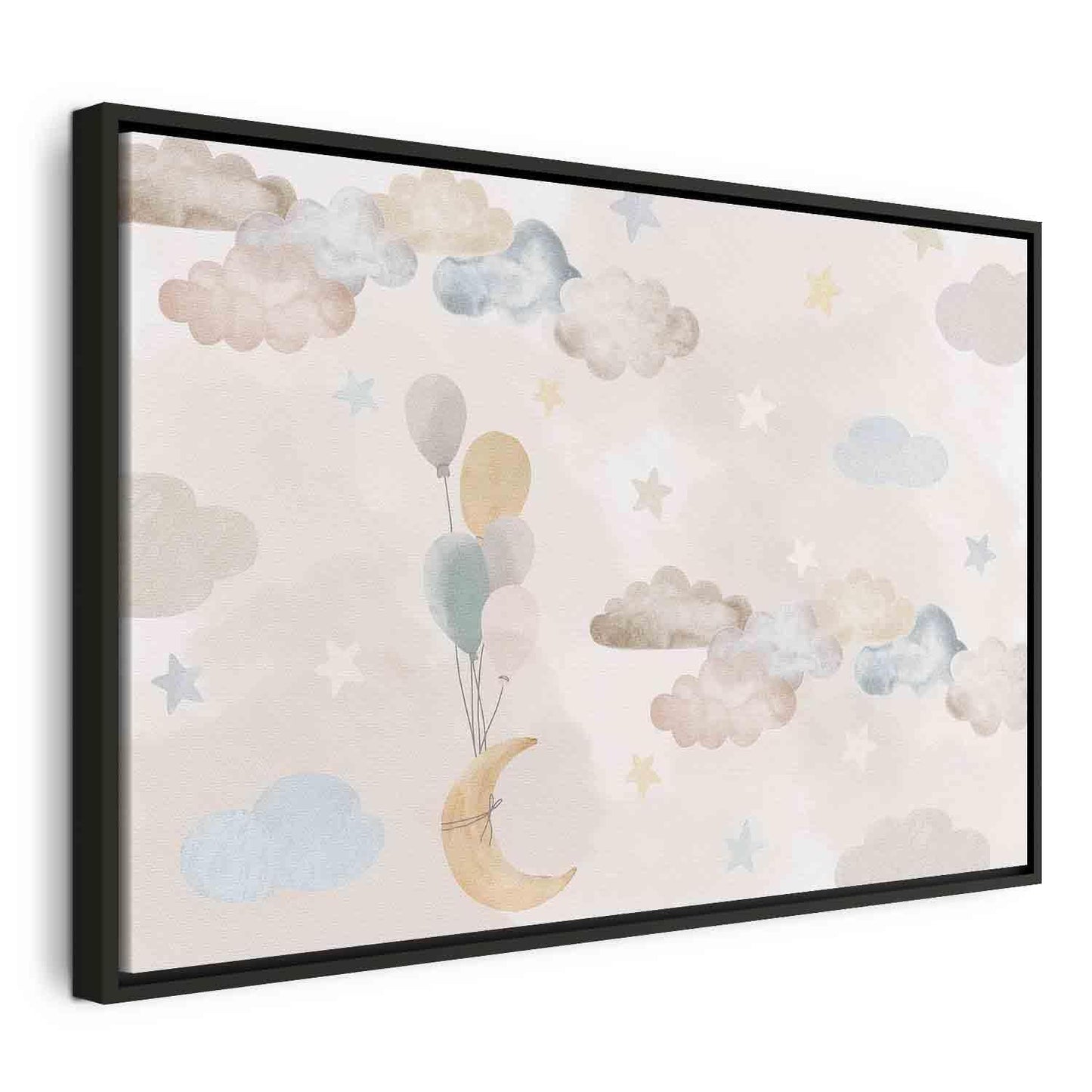 Leinwandbild - Fairy-Tale Moon - Pastel Moon with Balloons Among Colorful Clouds and Stars in Subdued Colors on a Light Background