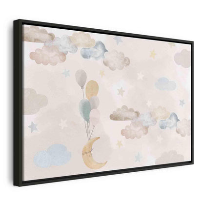Leinwandbild - Fairy-Tale Moon - Pastel Moon with Balloons Among Colorful Clouds and Stars in Subdued Colors on a Light Background
