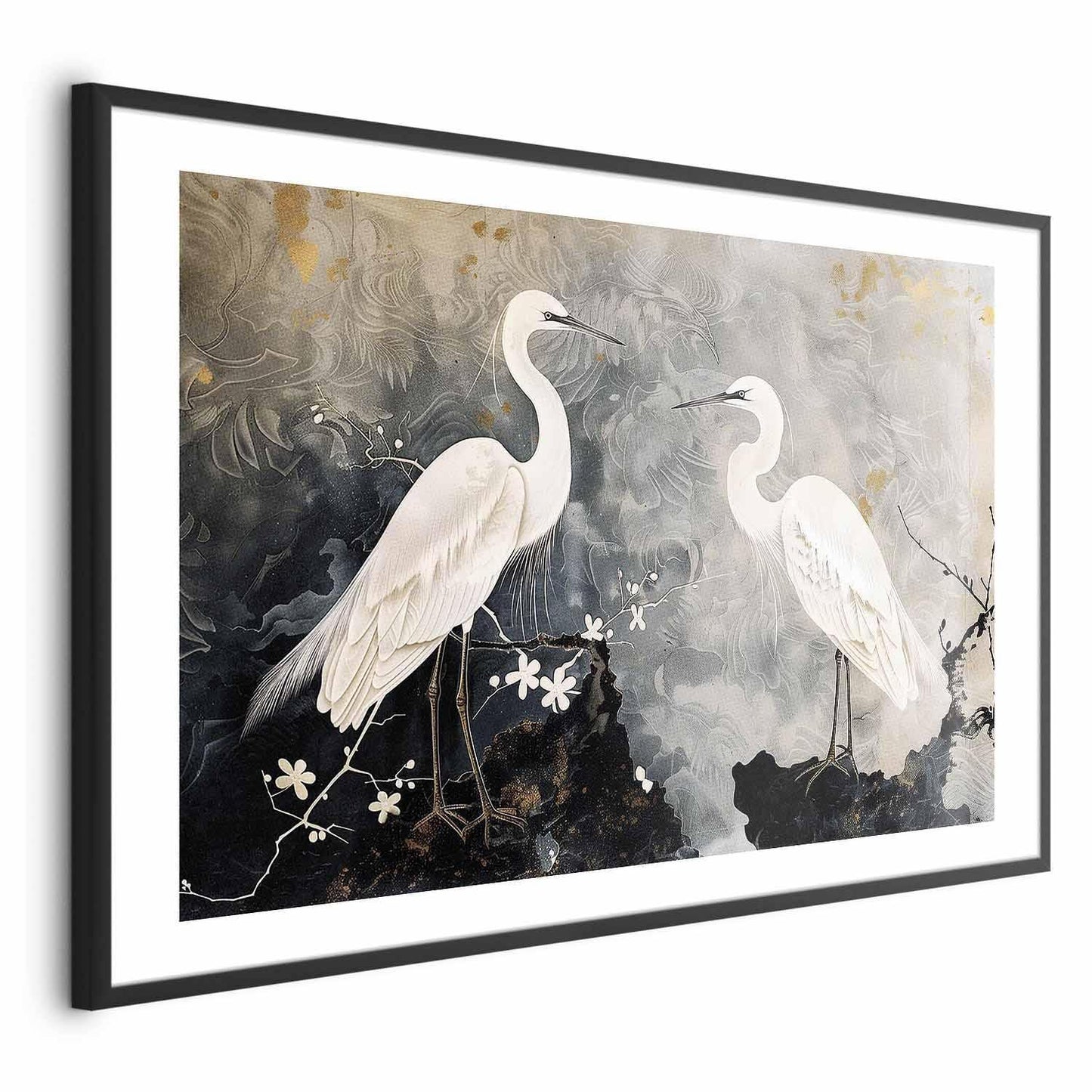 Poster - Herons and Cherry Blossom - oriental-style illustration depicting birds