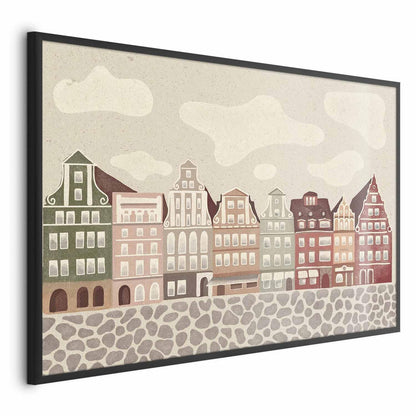 Colorful facades of historic Wrocław tenement houses against a sky and cobblestone street poster.