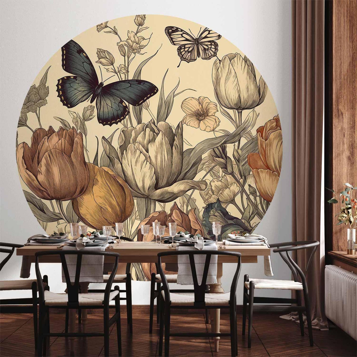 Runde Fototapete - Colourful tulips on a cream background