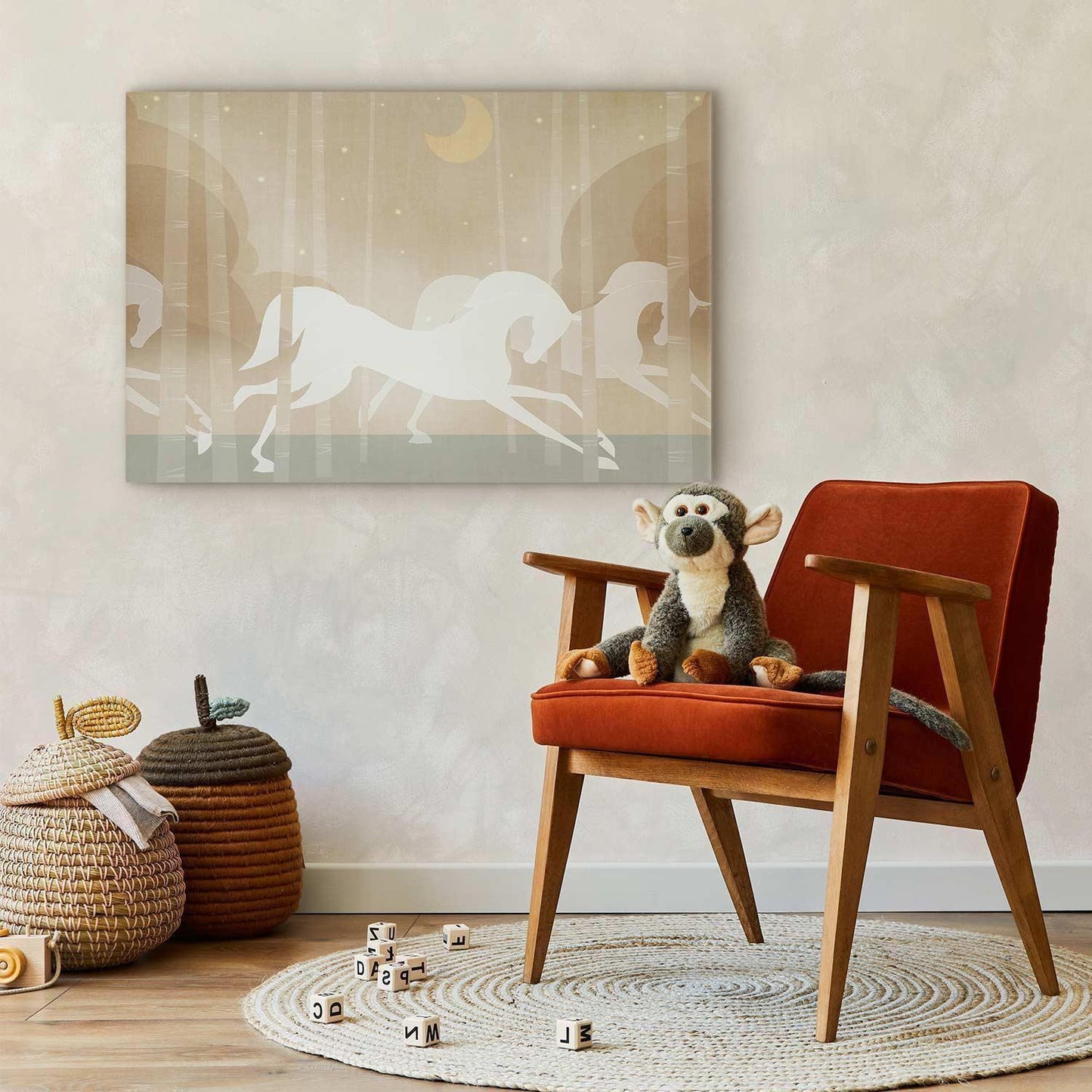 Leinwandbild - Moon Horses - Horses Galloping Among Trees on a Starry Night