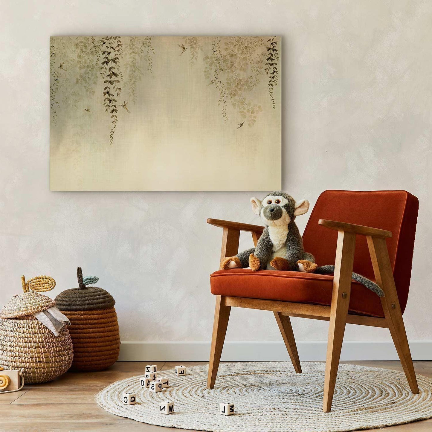 Leinwandbild - Spring Orchard - Hummingbirds Among Tree Branches in Beige Shades