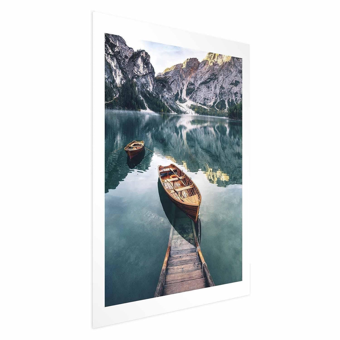 Poster of wooden boats on a calm lake in the Dolomites with mountain backdrop.