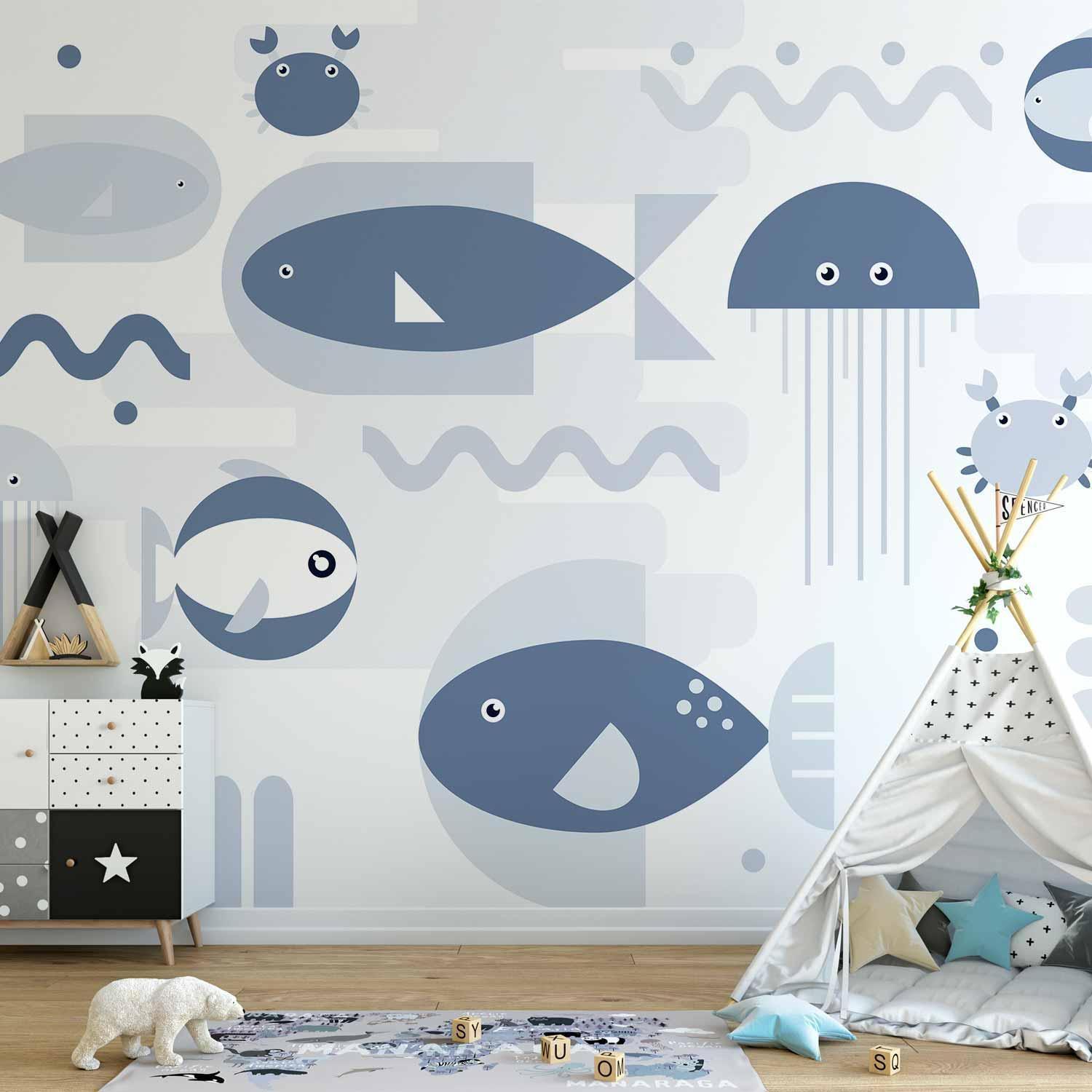 Fototapete - Minimalist ocean - geometric fish and crabs in water for kids Artgeist