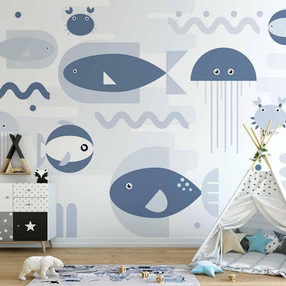 Fototapete - Minimalist ocean - geometric fish and crabs in water for kids Artgeist