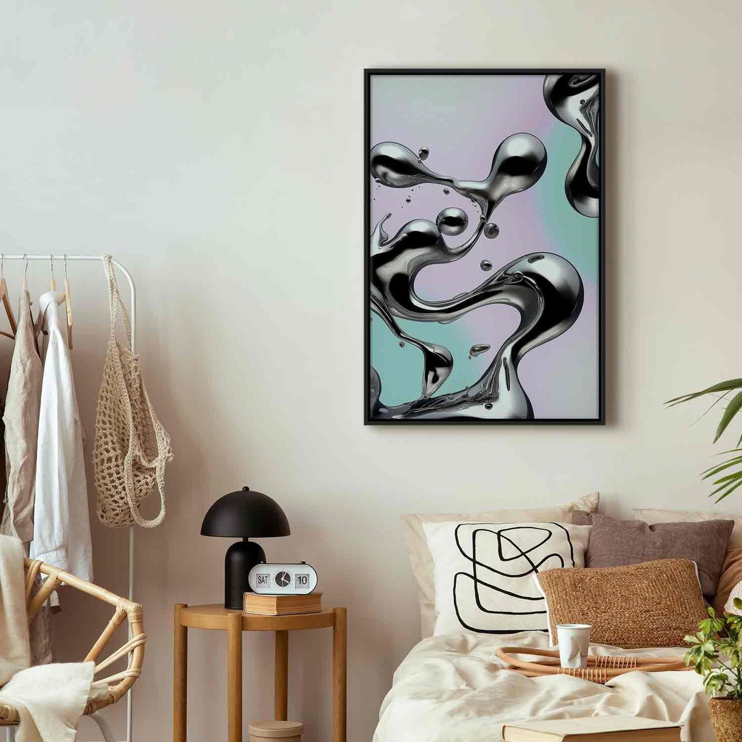 Leinwandbild - Metallic Fluidity - Abstract Silver Forms on a Mint-Purple Background