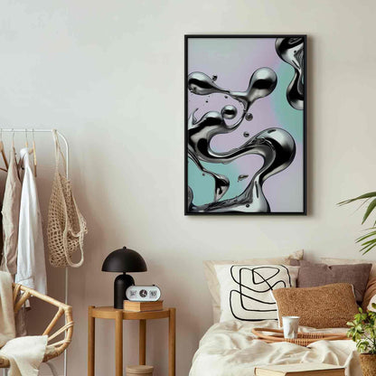 Leinwandbild - Metallic Fluidity - Abstract Silver Forms on a Mint-Purple Background