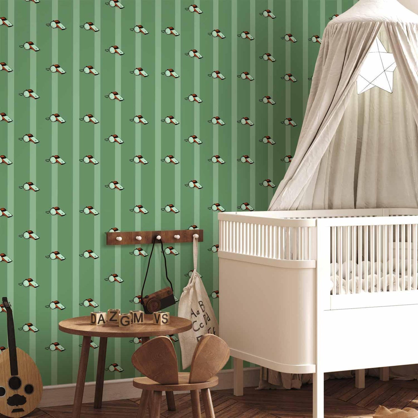 Tapete - Sports Whistles - Repeating pattern on a striped green background