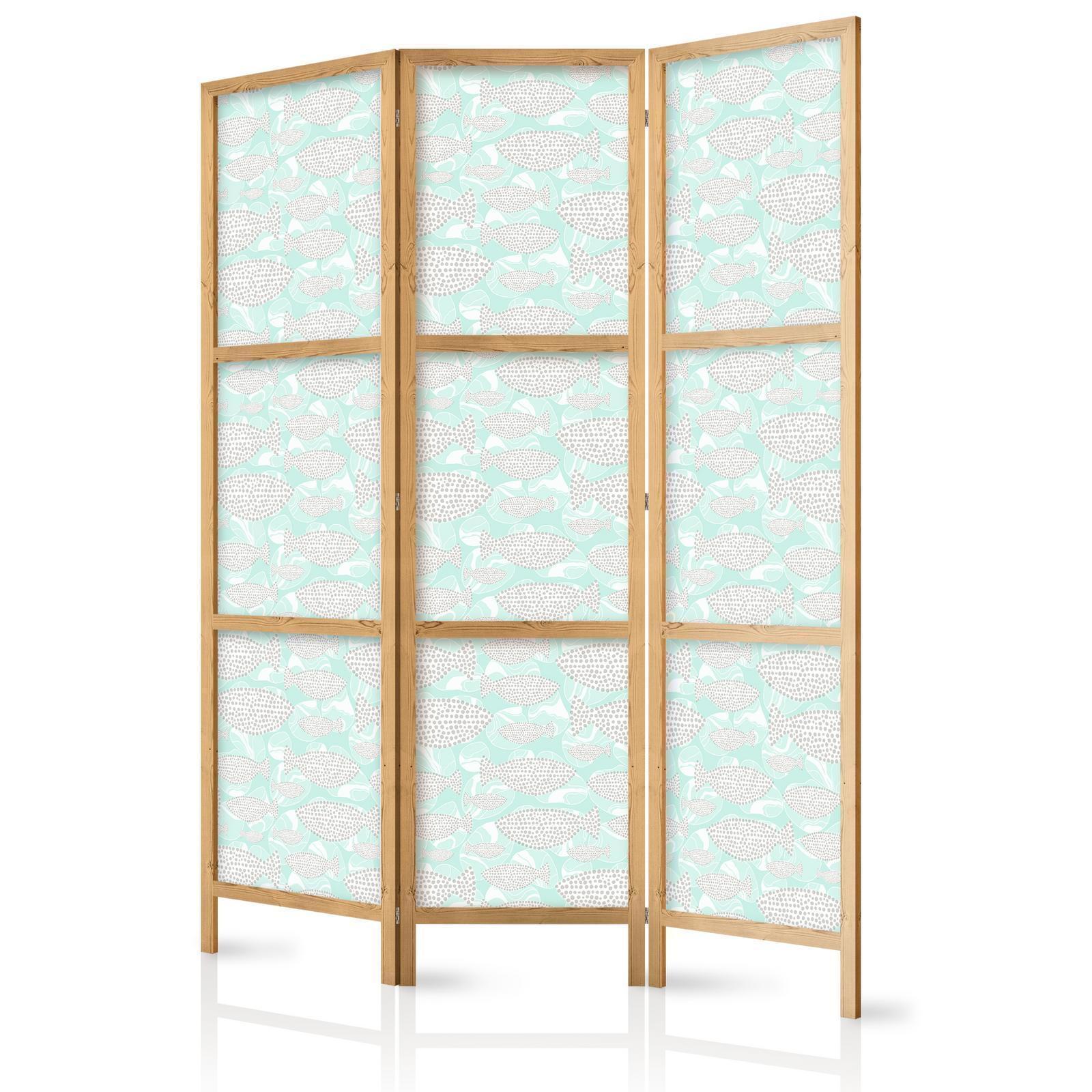 Japanischer Paravent - Minimalist Fish - Fish from Gray Dots on the Crystal Clear Water Surface in Mint Green Artgeist